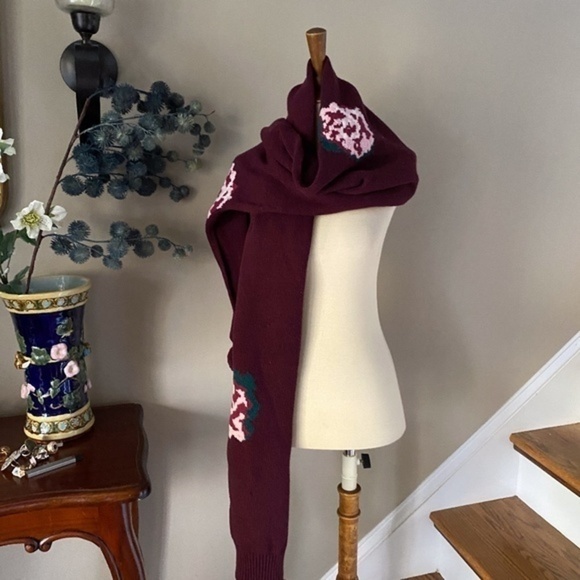 Anthropologie Burgundy Rose Embroidered Pom Scarf - Picture 2 of 8